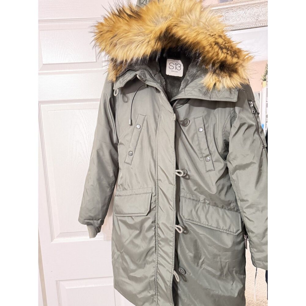 S13 New York Luxe Alaska Women’s Parka Coat Army Green Faux Fur Hood NWT Size S